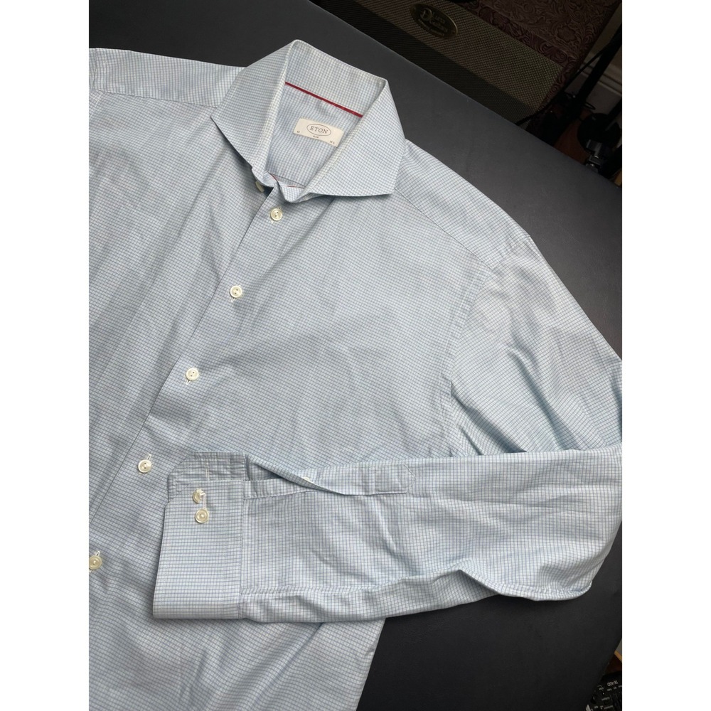 Eton Dress Slim Shirt Mens 42 / 16.5 Blue Green Cotton Micro Check Long Sleeve
